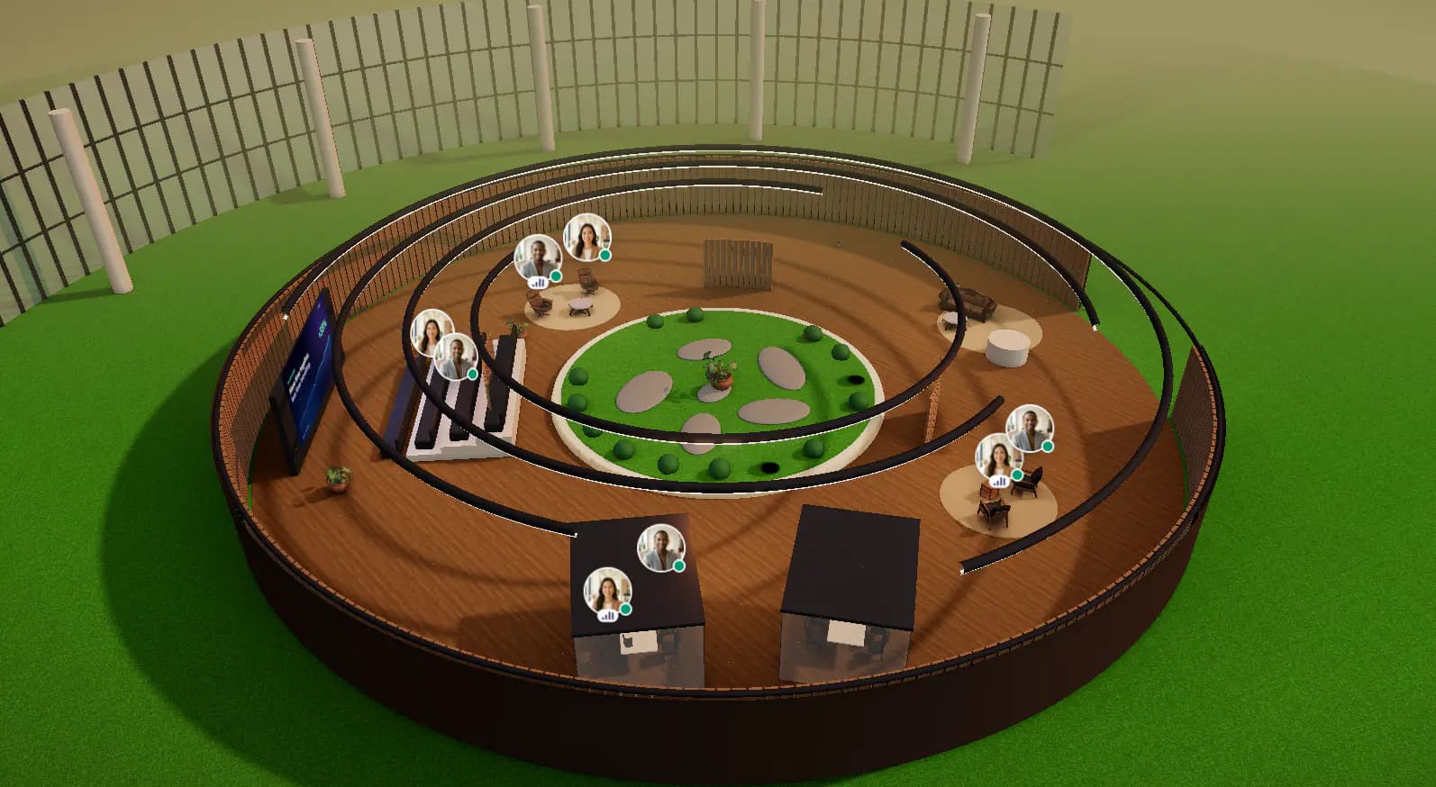 People working in separate zones of one shared Globaly space — some talking, others meeting nearby